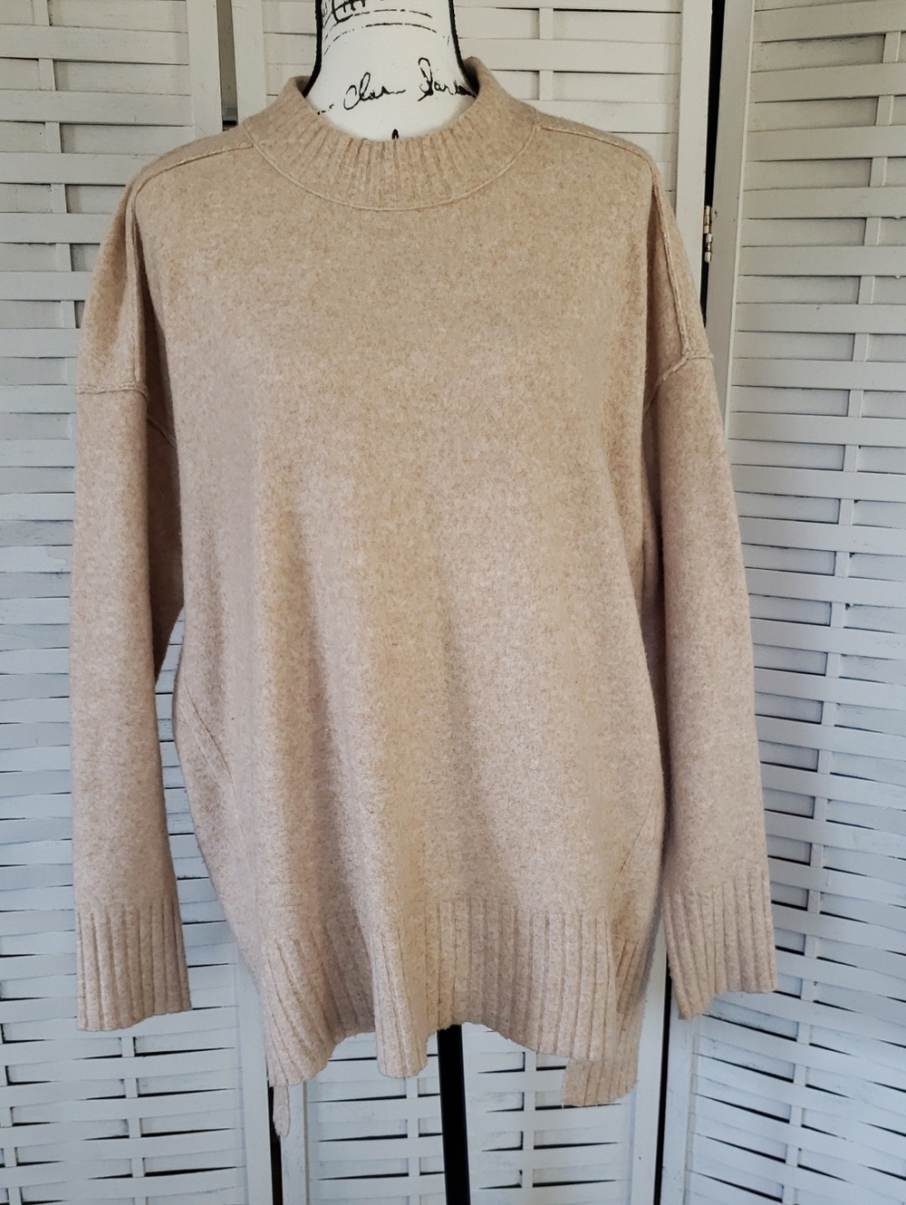 Free People Crewneck Wool Blend Sweater in Beige - Classic Casual Knit Oversized